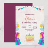 Cake & Balloons Birthday Invitation, Kids Birthday Kaart (Voorkant / Achterkant)