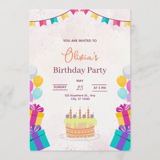Cake & Balloons Birthday Invitation, Kids Birthday Kaart (Voorkant)