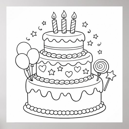 Cake Birthday Party Coloring Poster (Voorkant)