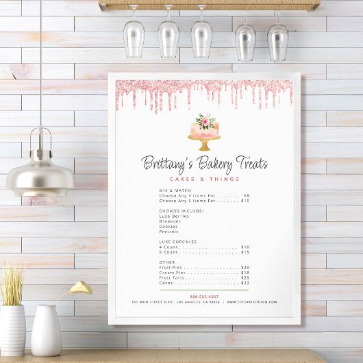 Cake Blush Roze Glitter Drips Menu Prijslijst Chic Poster
