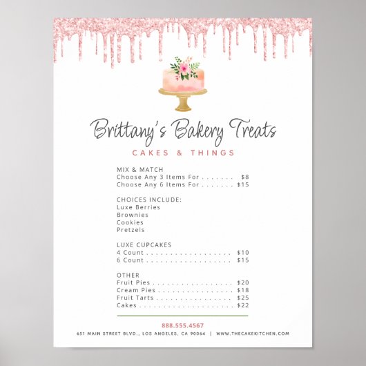 Cake Blush Roze Glitter Drips Menu Prijslijst Chic Poster (Voorkant)