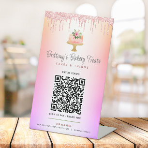 Cake Blush Roze QR Code Betaal Hier Glitter Ombre Reclamebord Met Voetstuk