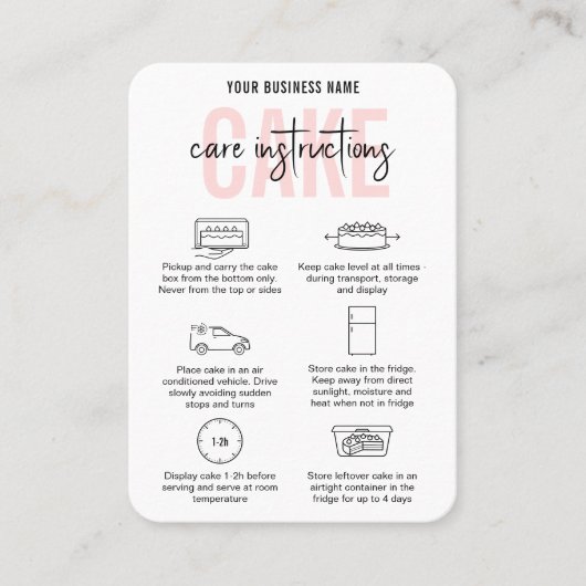 Cake Care Instructies Modern Blush Pink Bakkerij Visitekaartje (Voorkant)