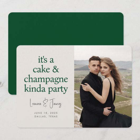 Cake Champagne Fun Typografie Groene Trouw Save The Date (Voorkant / Achterkant)