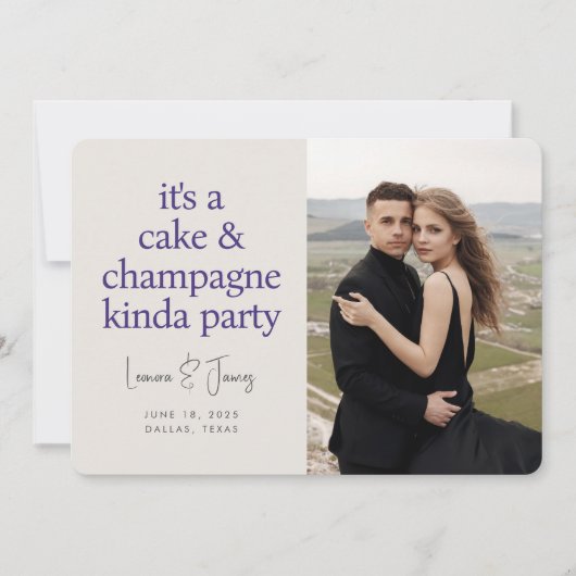 Cake Champagne Fun Typography Paars Wedding Save The Date (Voorkant)