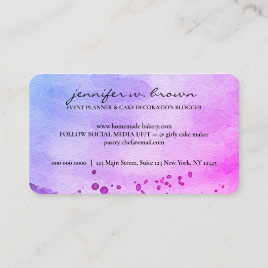 Cake Decor Eenvoudig gebak roze paarse Visitekaartje (Achterkant)