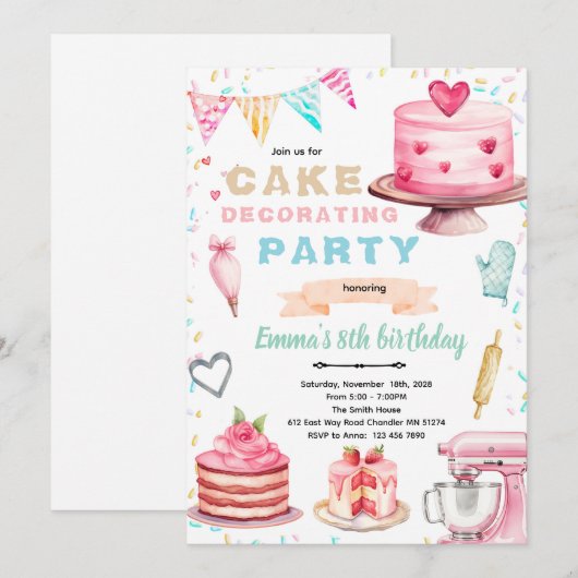 Cake decorating theme party invitation kaart (Voorkant / Achterkant)