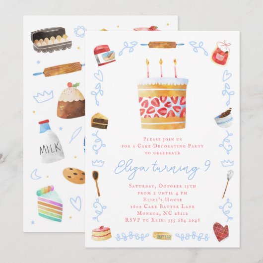 Cake Decoration Invitation - Baking Birthday Party Kaart (Voorkant / Achterkant)