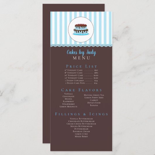 Cake Decorator Whimsicial Blue & Brown Bakery CUTE Menu (Voorkant / Achterkant)