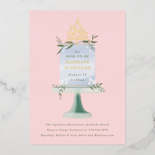 Cake Dessert Blush Pink Baby shower Folie Uitnodiging (Voorkant)