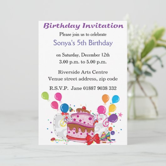 Cake en ballonnen verjaardagsuitnodiging kaart (Staand voorkant)