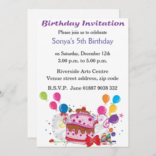 Cake en ballonnen verjaardagsuitnodiging kaart (Voorkant / Achterkant)