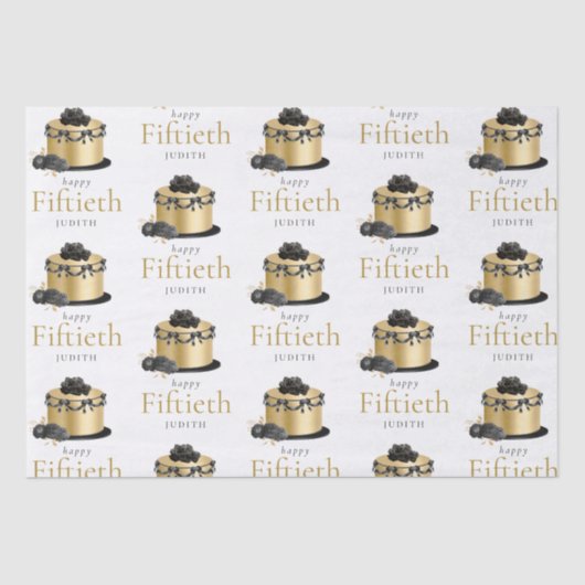 Cake Floral Gold Black 50th Name Happy Birthday Tissuepapier (Voorkant)