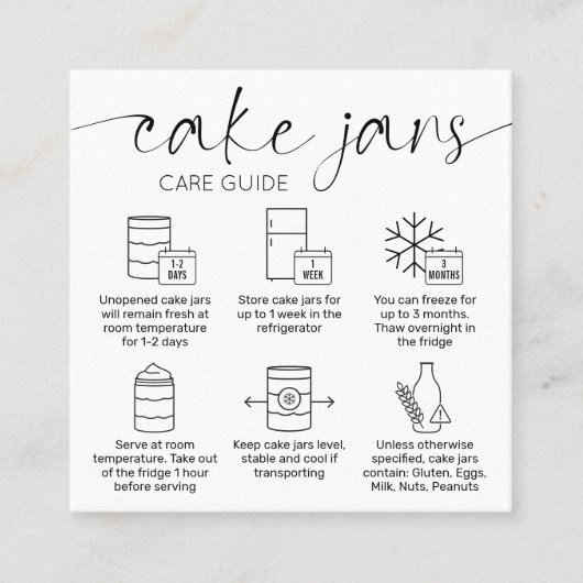 Cake Jar Care Instructies Minimale Cake Bakkerij Vierkante Visitekaartje (Voorkant)