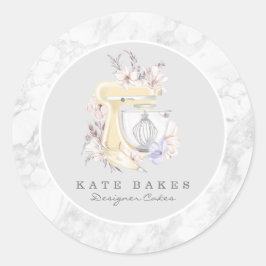 Cake Mixer Bakkerij Bloemen Marmer Grijs Aquarel Ronde Sticker