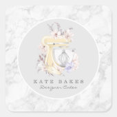 Cake Mixer Bakkerij Bloemen Marmer Grijs Aquarel Vierkante Sticker (Voorkant)