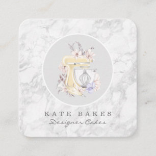 Cake Mixer Bakkerij Bloemen Marmer Grijs Visitekaa Vierkante Visitekaartje