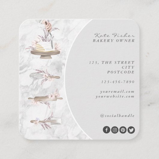 Cake Mixer Bakkerij Bloemen Marmer Grijs Visitekaa Vierkante Visitekaartje (Achterkant)