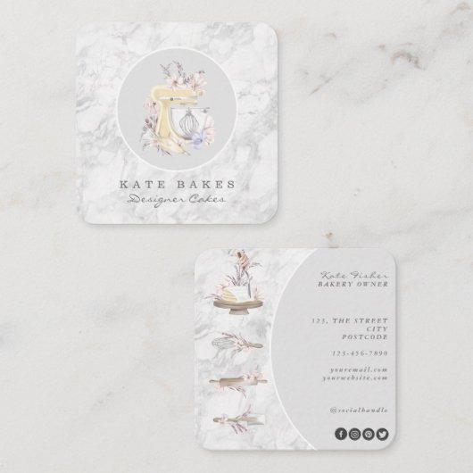 Cake Mixer Bakkerij Bloemen Marmer Grijs Visitekaa Vierkante Visitekaartje (Voorkant / Achterkant)
