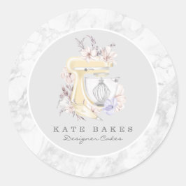 Cake Mixer Bakkerij Bloemrijk Marmer Grijs Aquarel Ronde Sticker