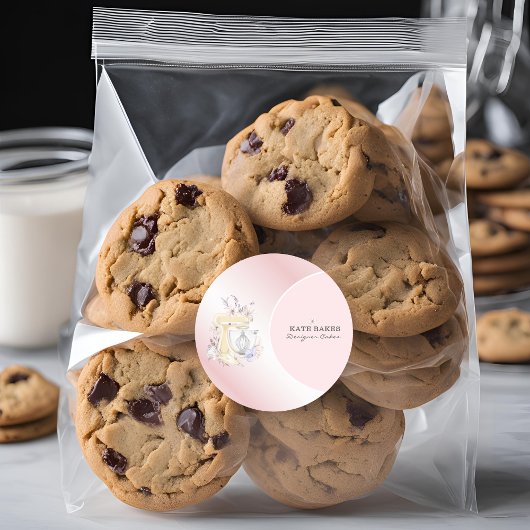 Cake Mixer Bakkerij Floral Blush Roze Visitekaartj Ronde Sticker