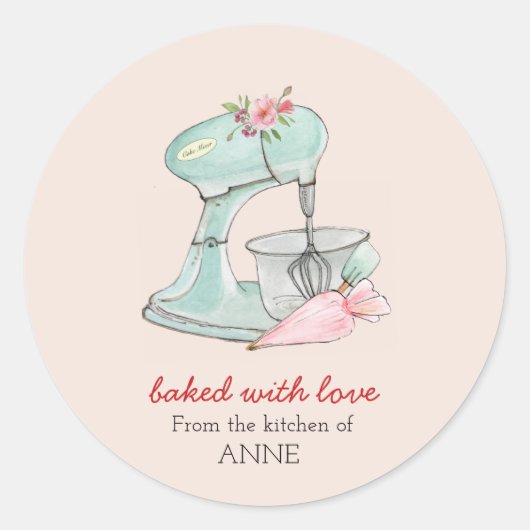 Cake mixer "Bked with love" bleke roze bakkerijen Ronde Sticker (Voorkant)