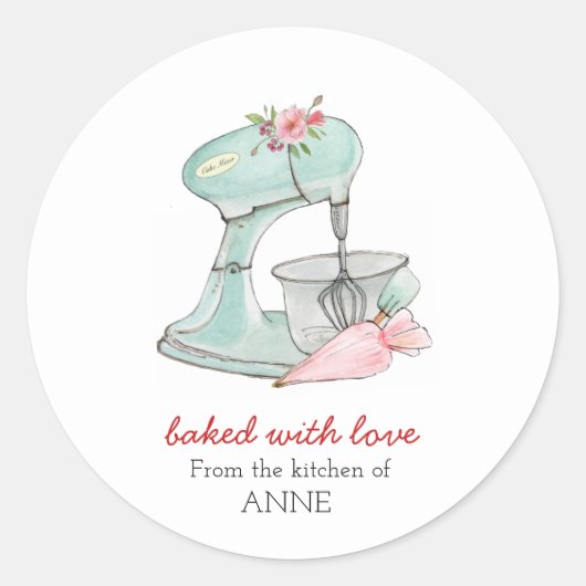 Cake mixer "Bked with love" Ronde Sticker (Voorkant)