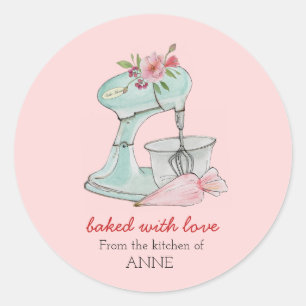 Cake mixer "Bked with love" roze Ronde Sticker