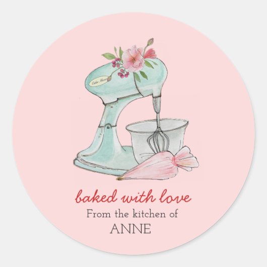 Cake mixer "Bked with love" roze Ronde Sticker (Voorkant)