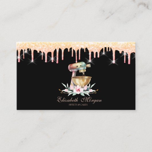 Cake Mixer Bloemen Glitter Druppelt Zwart Visitekaartje (Voorkant)