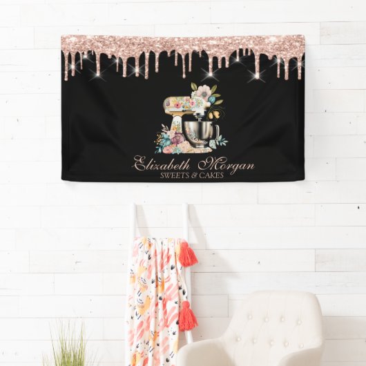 Cake Mixer Flowers Roos Gold Drips Bakkerij Zwart Spandoek (Insitu)