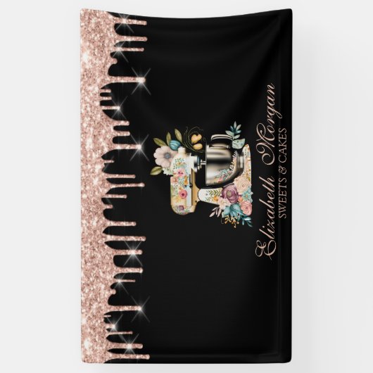 Cake Mixer Flowers Roos Gold Drips Bakkerij Zwart Spandoek (Verticaal)