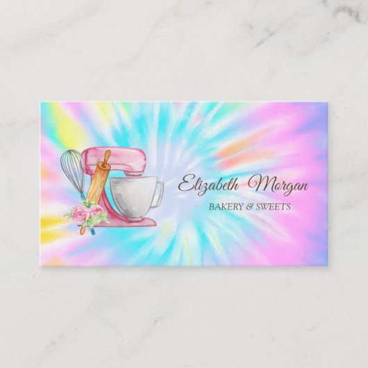 Cake Mixer,Whisk,Rolling Pin Flowers Tie Dye Visitekaartje (Voorkant)