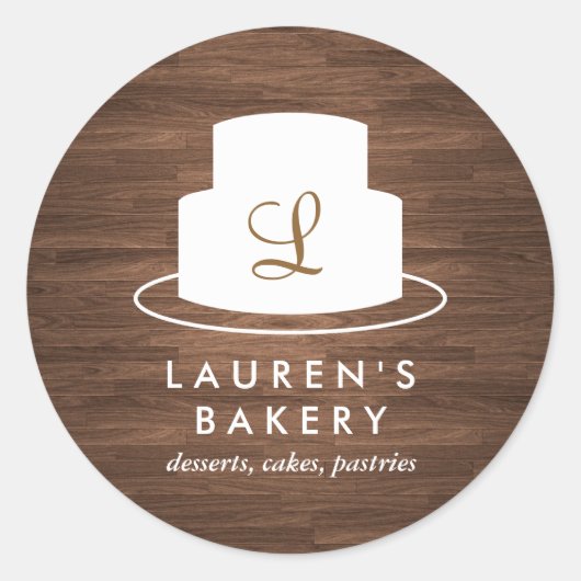 Cake Monogram Logo in Wit op bruine Woodgrain Ronde Sticker (Voorkant)