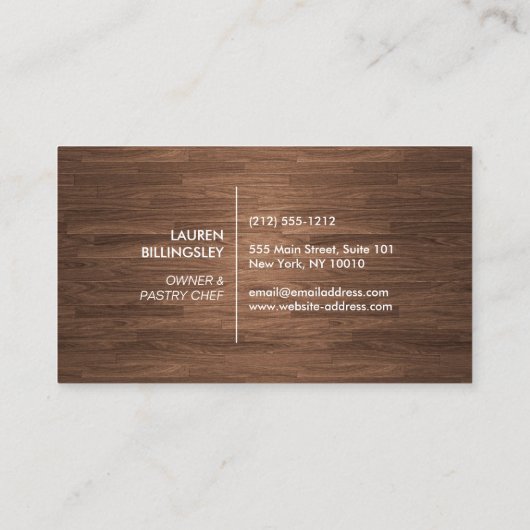 Cake Monogram Logo in Wit op bruine Woodgrain Visitekaartje (Achterkant)