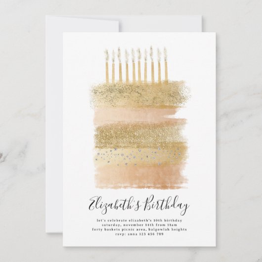 Cake Party Nodig Gouden Sparkly Meisjes 10e Verjaa Kaart (Voorkant)