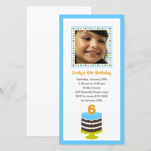  Cake Photo Birthday Party Invitation - Blue (Voorkant / Achterkant)