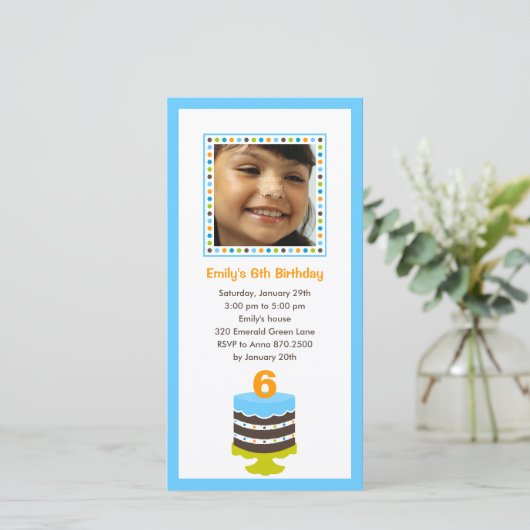  Cake Photo Birthday Party Invitation - Blue (Staand voorkant)