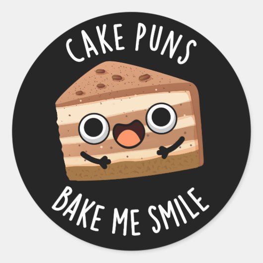 Cake Puns Bake me Smile Funny Food Pun Dark BG Ronde Sticker (Voorkant)