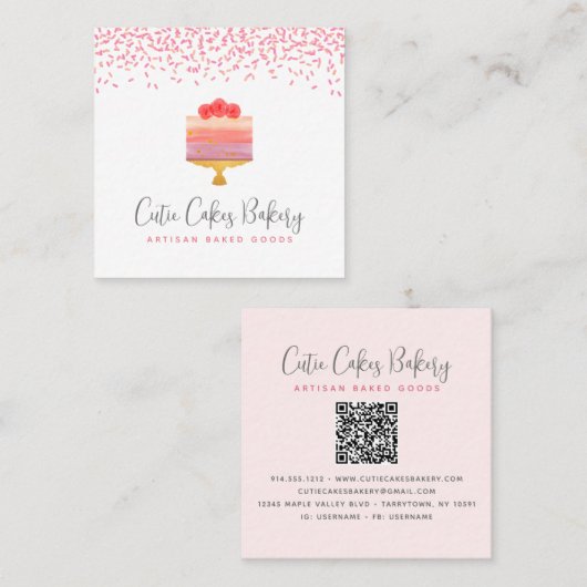Cake QR Code Roze Ombre Sprinkles Pastry Chef Chic Vierkante Visitekaartje (Voorkant / Achterkant)
