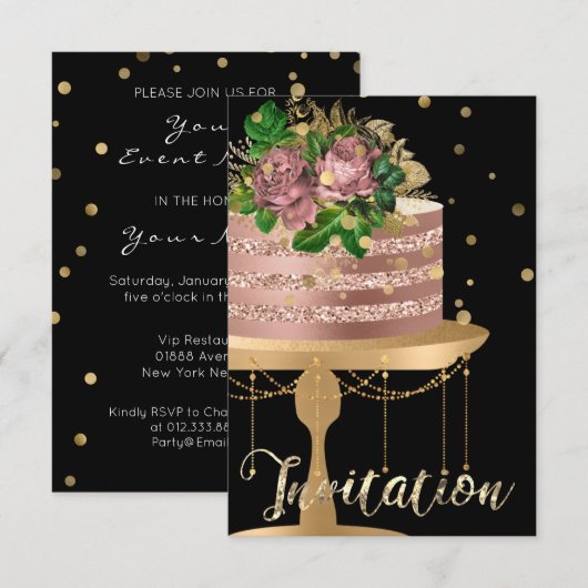 Cake Roos Gold Birthday Black Confetti Glitter Kaart (Voorkant / Achterkant)