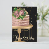 Cake Roze Goud Verjaardag Zwart Confetti Glitters Kaart (Staand voorkant)