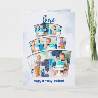 Cake Smash Photo Collage Boy First Birthday Card Kaart