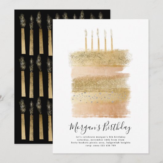 Cake Verjaardag Uitnodigen Meisjes, 5e Verjaardag Kaart (Voorkant / Achterkant)