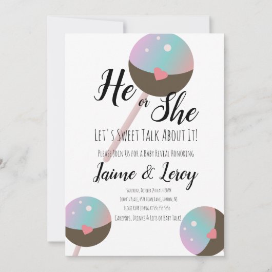 Cakepop Gender onthullen Uitnodiging (Voorkant)