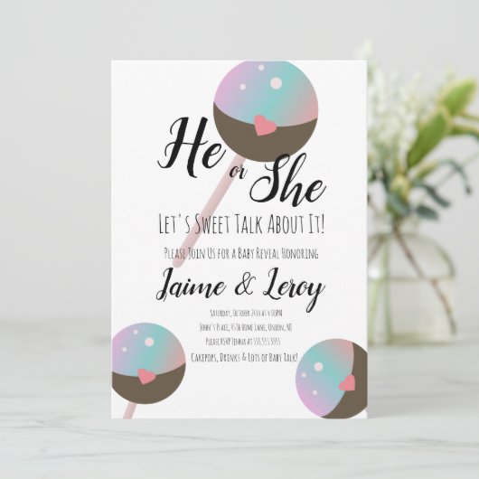 Cakepop Gender onthullen Uitnodiging (Staand voorkant)