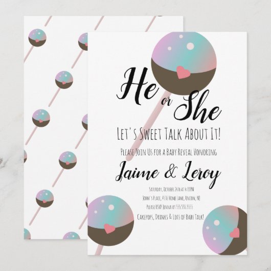 Cakepop Gender onthullen Uitnodiging (Voorkant / Achterkant)