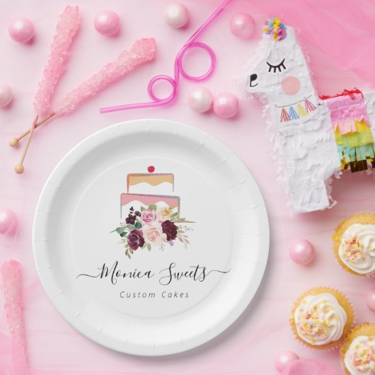 Cakery Business Waterkleur Bloemen Papieren Bordje (Feest)