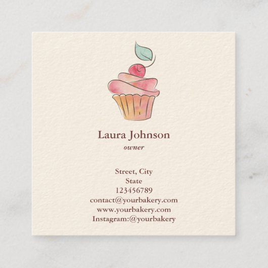 Cakes Sweets Cupcake Bakery Waterverf  Squ Vierkante Visitekaartje (Achterkant)