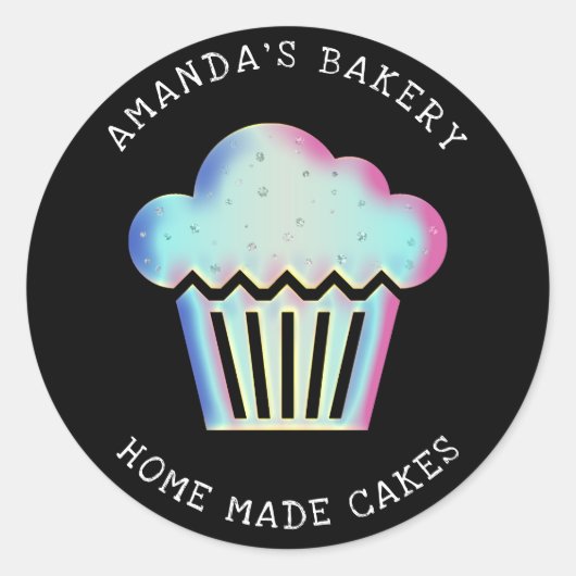 Cakes Sweets Cupcake Home Bakery Holographic Black Ronde Sticker (Voorkant)